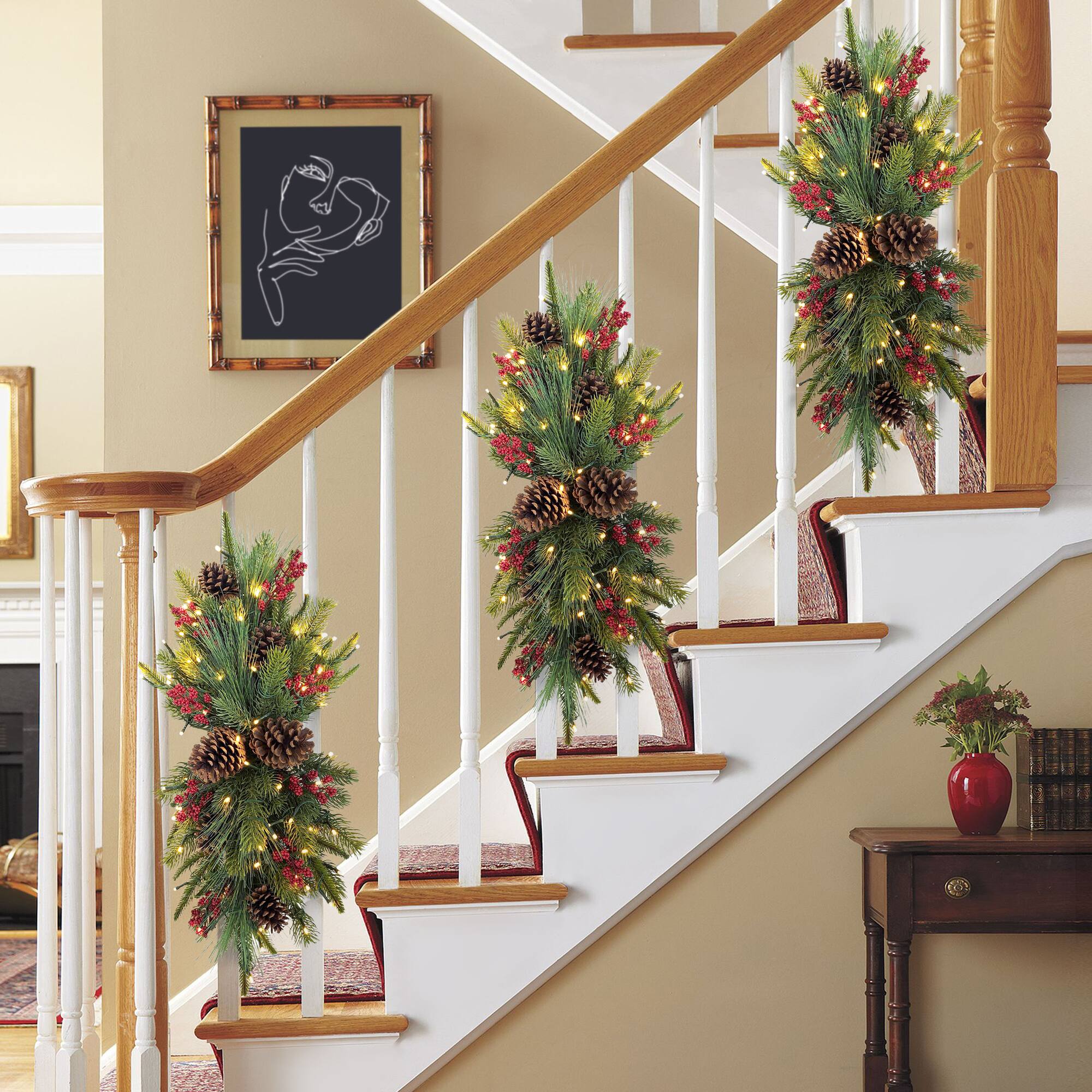 28" Pre-Lit Green Adorned Artificial Banister Swag with Pinecones & Berries